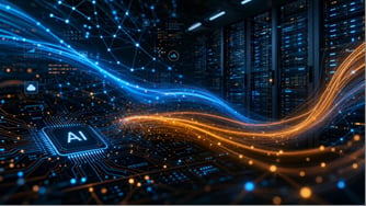 AI chip with flowing blue and orange digital waves over a dark cityscape with glowing data points