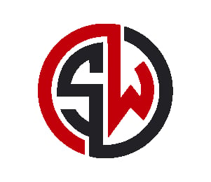 Red and black circular logo with stylized S and W letters forming a divided design